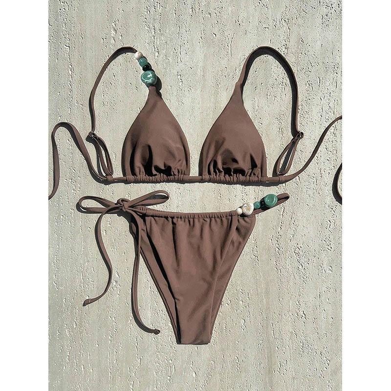 

New Sexy Bandage Halter Bikini Set Hollow Out Push Up Swimwear Women s Swimsuit Beachwear Green Lacing Up Bathing Suit L коричневий