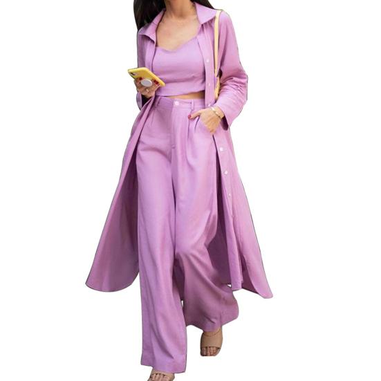 

3 шт./компл. Женский комплект: топ, брюки, пальто. Однотонный, с глубоким V-вырезом, короткий.