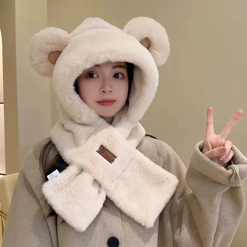 Winter Simple New Style Thickened Warm Plush Scarf All-in-one Hooded Scarf Three-in-one Cute Fox Ear Hat Female Hooded Ski Mask