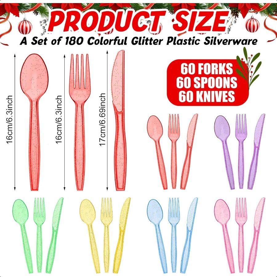 

Набор пластиковых столовых приборов с блестками, 180 штук, одноразовые столовые приборы из прозрачного пластика, столовые приборы для вечеринки, 60 ножей, 60 ложек, 60 вилок для П United States