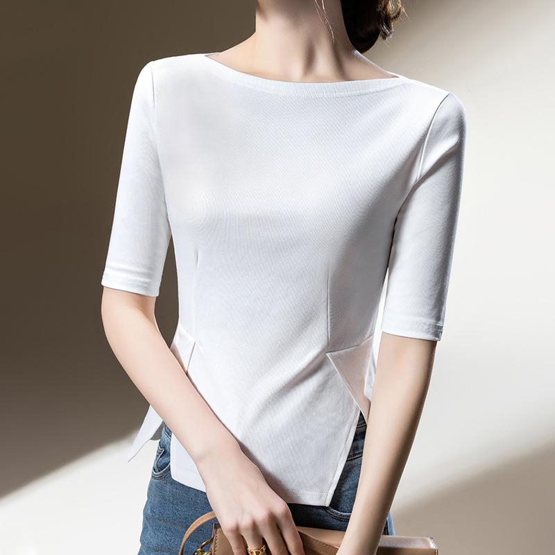 

Футболка со средним рукавом, женская новая женская одежда, темперамент, однотонная хлопковая футболка с открытыми плечами и разрезом на талии 3XL