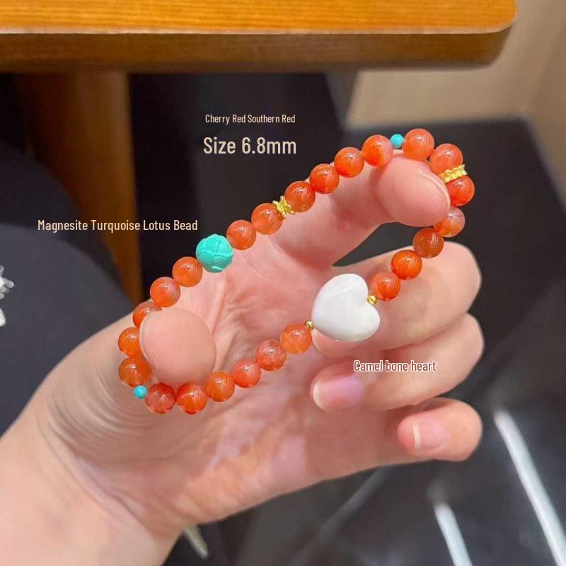 Original South Red Agate Bracelet with Cherry Red, Turquoise, and Camel Bone Heart - A Unique Gift for Girls