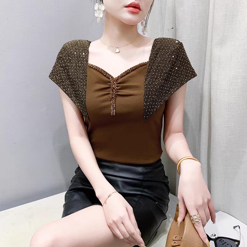 Summer Cotton Tops Streetwear Girl Sexy Square Neck Beading T-shirt Women's Shiny Diamonds Tees