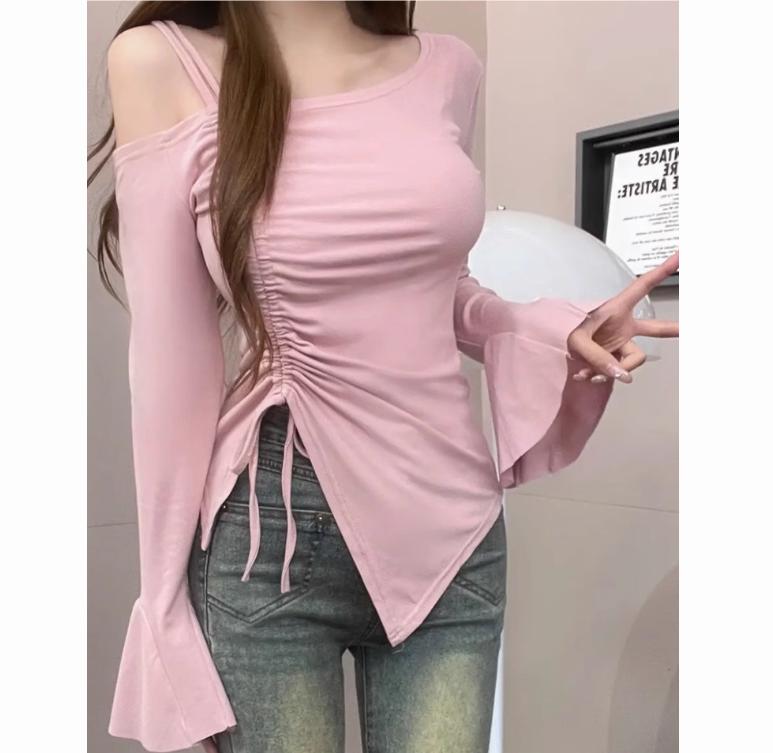 Sweet Sexy Drawstring Ribbon White Off Shoulder Top Women Basic Long Sleeve Body T-Shirt Elegant Flare Sleeve Lady Tees Pulovers