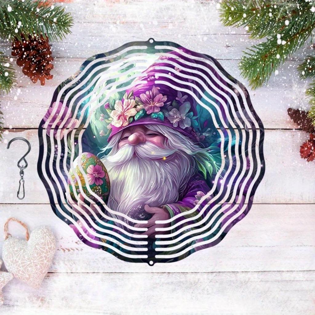 Enchanting Purple Gnome Wind Chime Outdoor Decor Rotating Kinetic Art Moonlit Garden Floral Easter Egg Design Patio Lawn Gift