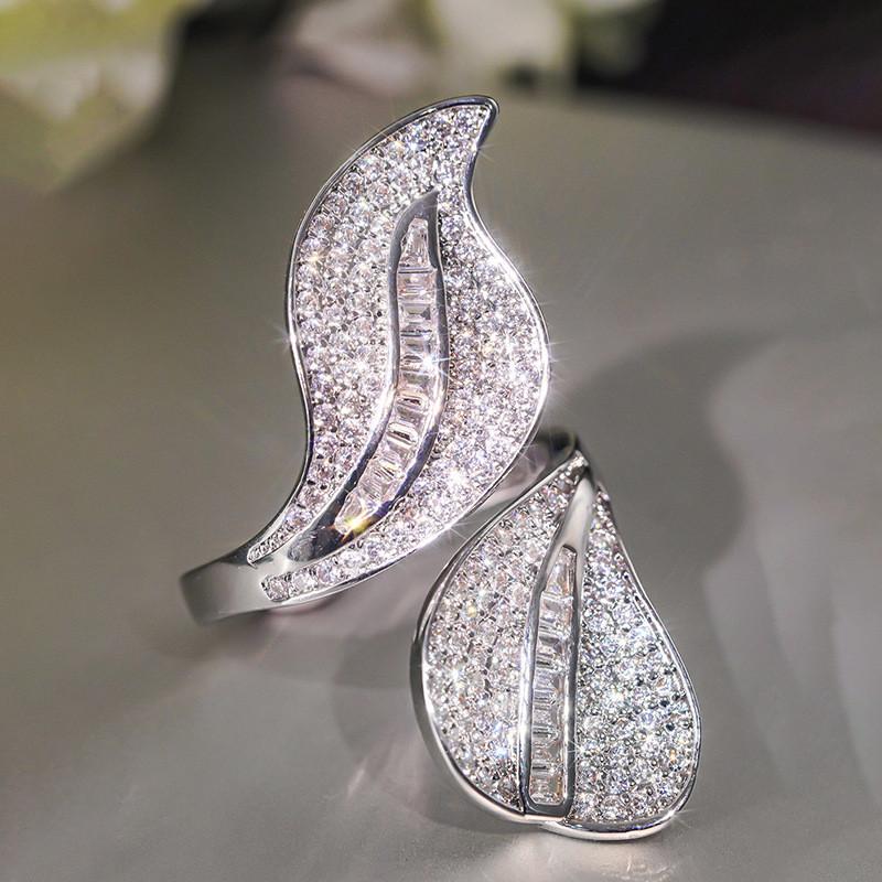 CopperZircon Ring Temperament Large Willow Leaf Full AAA Cubic Zirconia Ring Female Party Wedding Jewelry Gift
