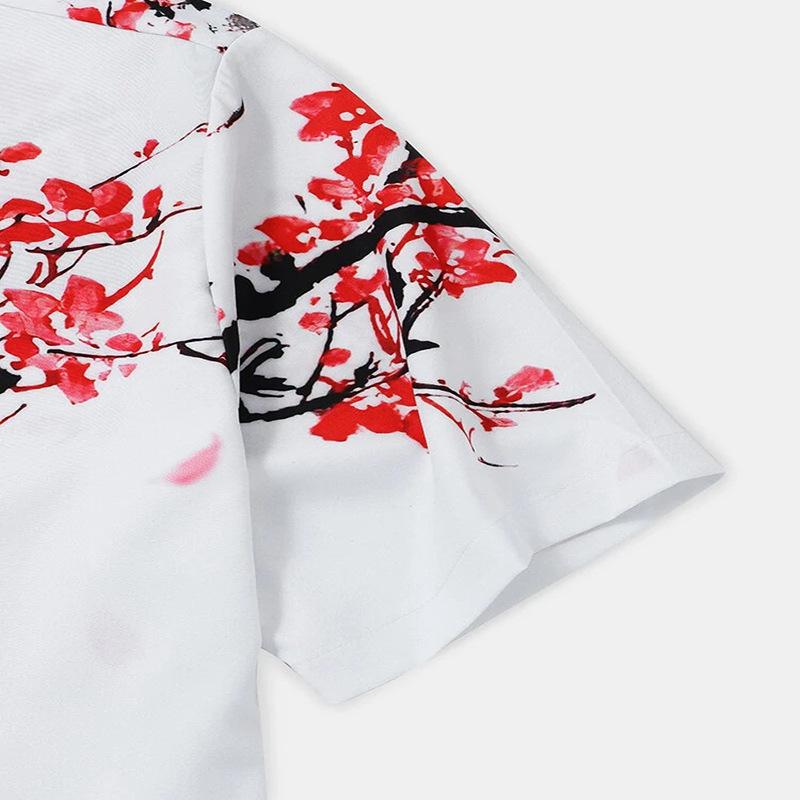 Men's Casual Ink Painting Plum Blossom Shirt Short Sleeved Turn-down Collar Beach Shirt Cardigan