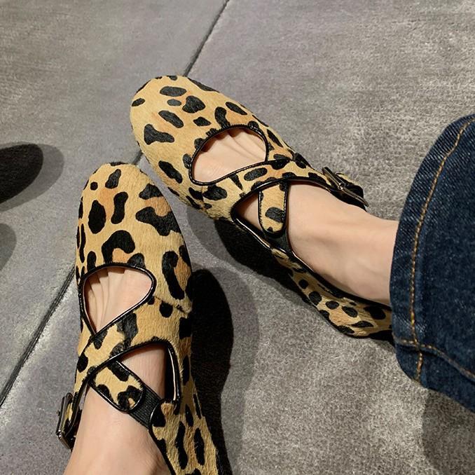Sheepskin Version Grape Mother Leopard Print Shoes Round Head Cross Belt Retro Flat Mary Jane Shoes Women's Shallow Mouth Versatile Single Shoes
