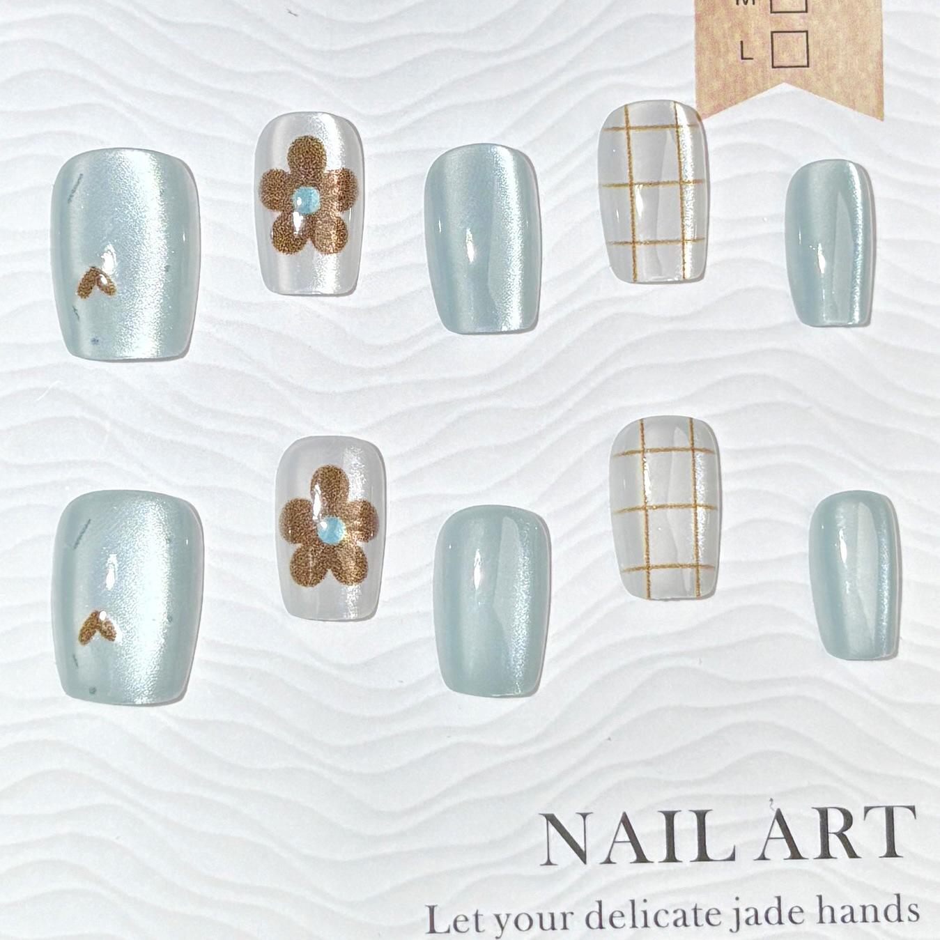 

2025 Blue Cat Eye Floral Heart Gingham Nail Art Patches