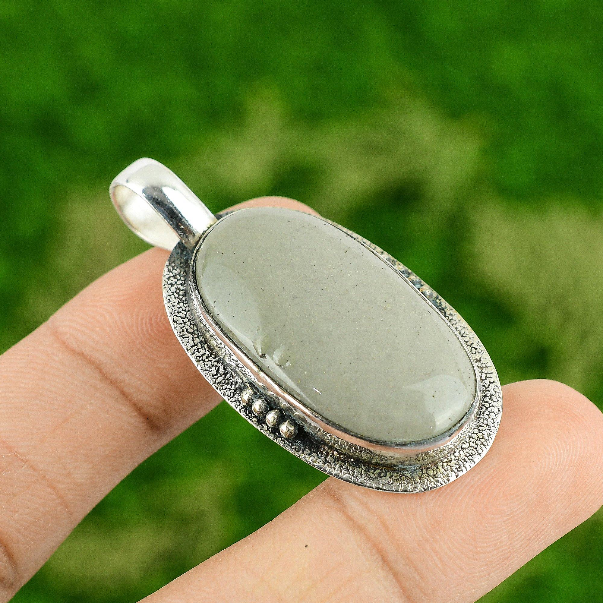

Oval Gray Osolite Jasper Stone Handmade Wedding Pendant Jewelry Sterling Silver