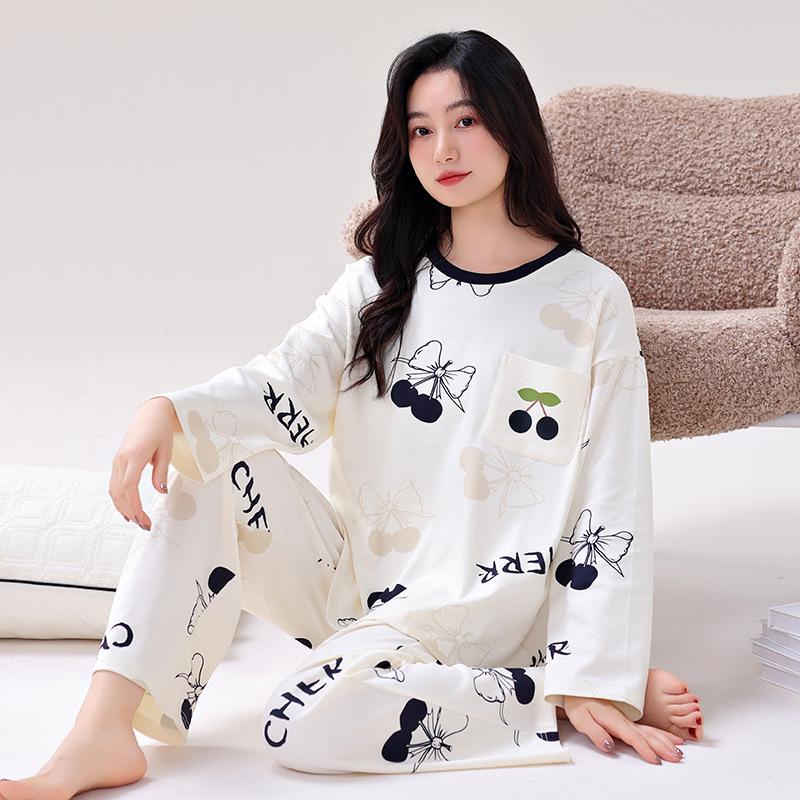 Women's Double-Sided Cotton Pajama Set: High-End, Skin-Friendly, Round Neck Pullover - Perfect for Home Wear