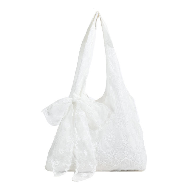 Elegant Travel Embroidery Lace Shoulder Bag Korean Style Large Capacity Women Sweet Tote Bag with Ribbons