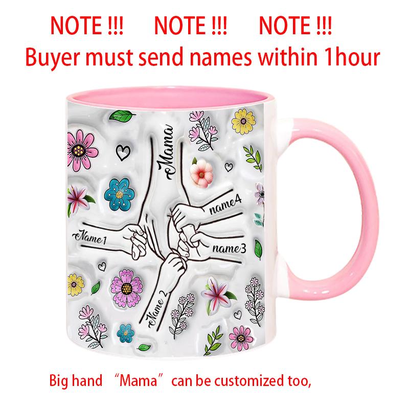 Personalize Name Mug Customize 3D Effect Printing Flowers Cup Holding Hands Coffee Mugs For Children and Mother's Day Gifts