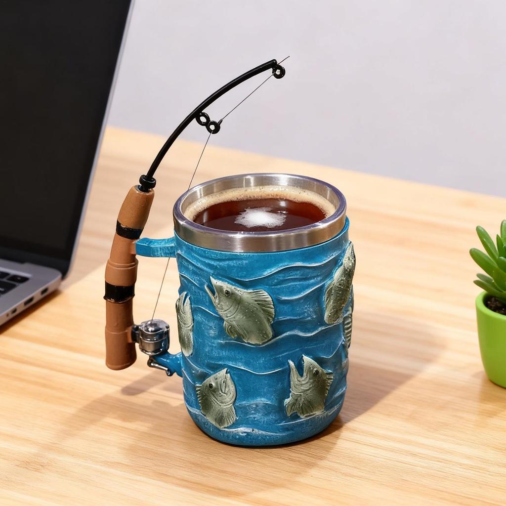 Resin Coffee Mug Cold Hot Beverage Cup Creative Funny Fishing Rod Shaped Handle Cup For Chocolate Tea Wine Beer Home Camping