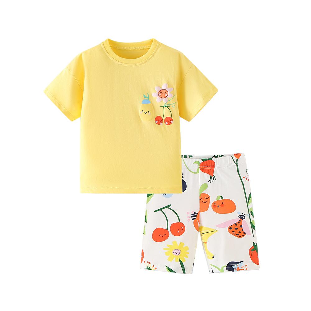 Girl s Set Cartoon Fruit Round Neck Printed Children s Short Sleeved and Fruit Shorts Set 2-3Y(90cm)