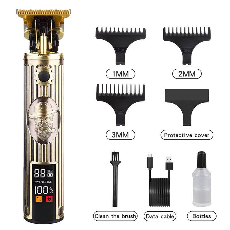 Retro T9 Electric Hair Clipper with LCD Display, USB Charging, Buddha Head Design, Oil Head Styling, and Power Push Technology.