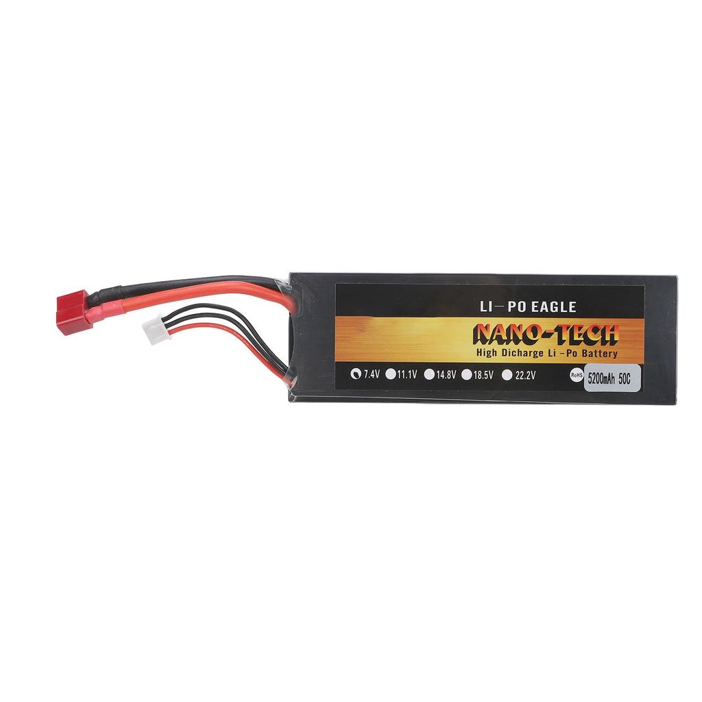 7.4V  Battery 5200mAh 2S 50C Hard Case Lithium Polymer Battery with T Plug for 1/8 1/10 RC Cars