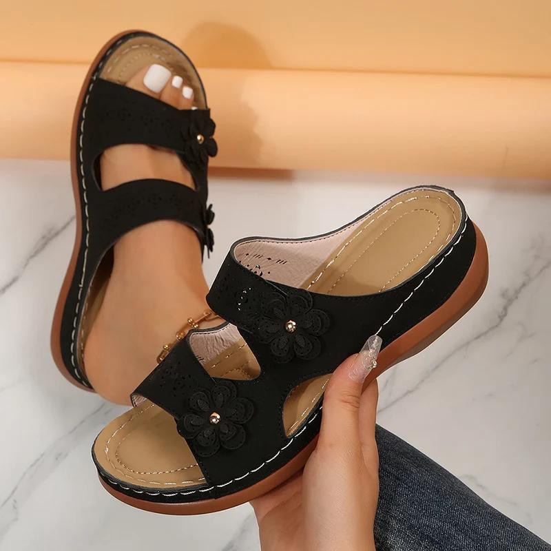 Fashion Flowers Platform Slippers for Women Summer Slip On Pu Leather Wedges Sandals Woman Comfort Non-Slip Beach Flip Flops