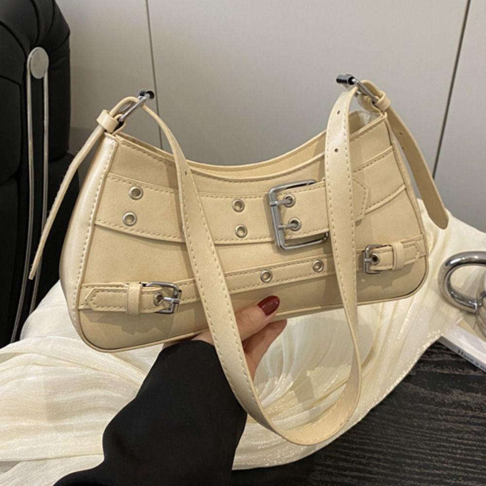 Pu Leather Belt Buckle Shoulder Bag Elegant Spicy Girls Handbag Trendy Y2k Underarm Bag  Club