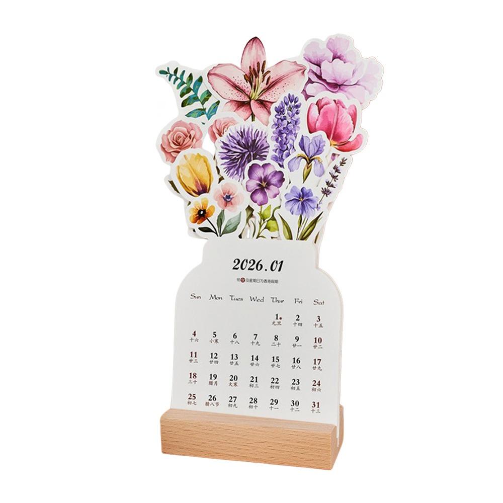 Wooden Base 2026 Desktop Calendar Detachable Base Vase Shaped Bloomy Flowers Desk Calendar DIY Floral Theme Standing Calendar