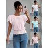 2026 Spring/Summer Hollow Out Lotus Leaf Sleeve Round Neck Short Sleeve T-Shirt for Women, Solid Color Casual Top