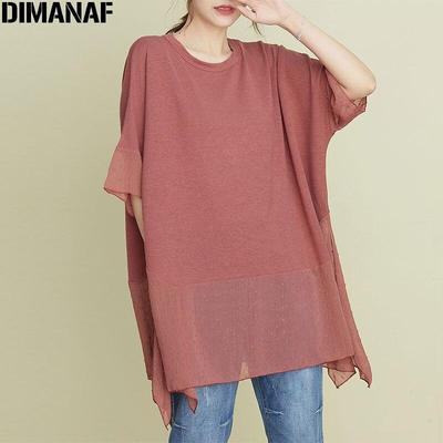 DIMANAF 2021 Donne Più di Formato T-Shirt Moda Femminile Estate Patchwork Oversize In Pizzo O-Collo di Cotone Allentato Manica Corta Magliette e camicette e Magliette