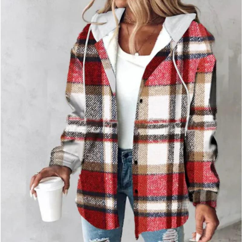 TIFICY Women's Fashion Casual Plaid Print Autumn Winter Long Sleeve Hooded Jackets & Coats