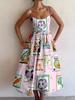 Retro seed print vacation suspender skirt, light pink background color with colorful plant pattern vacation suspender skirt