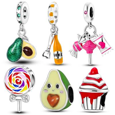 925 Silver Colorful Food Charms Beads Fruit Beer Lollipops Ice Cream Hamburger Dangle Fit Original Bracelet Diy Jewelry