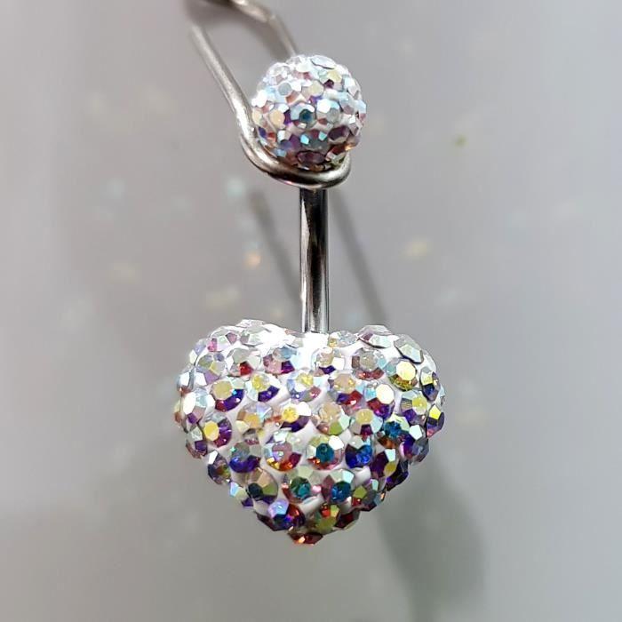 Weißes Kristall-Herz-Bauchnabel-Piercing-Juwel mit Kristallkugel – Chirurgenstahl – Länge 10 mm