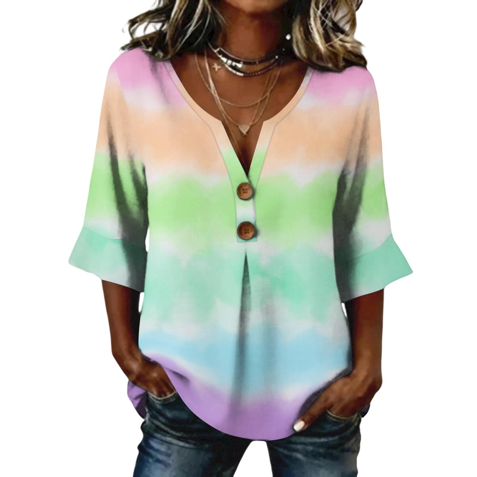 

Ladies gradient printed button casual V-neck fashionable seven quarter sleeve top L