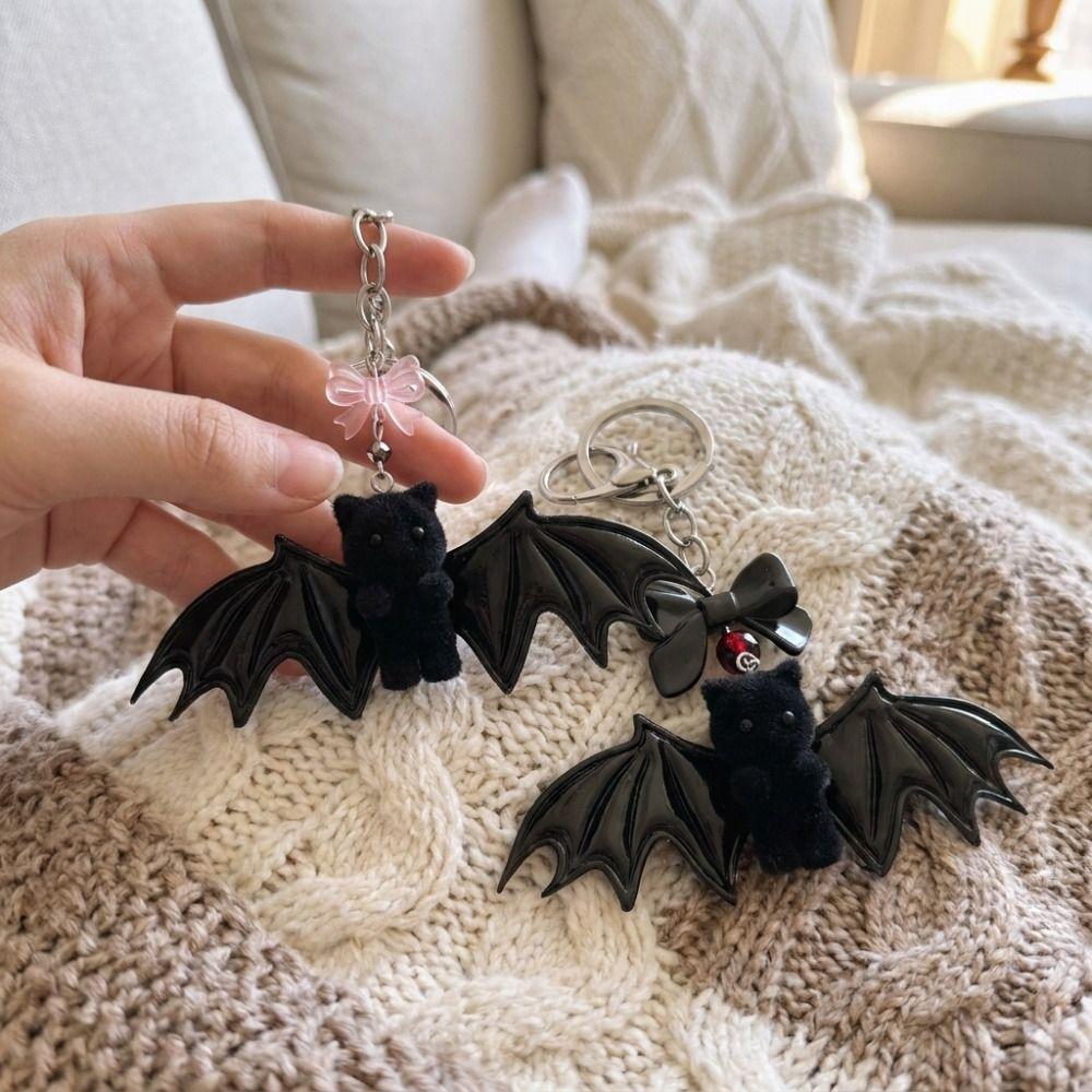 Dark Fluffy Bear with Wing Keychain Soft Touch Plush Bat Bear Keyring Halloween Party Gift