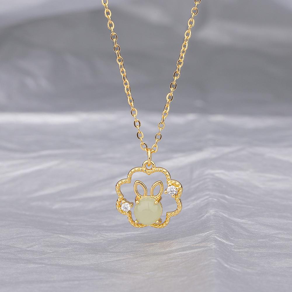 

Цепочка из стерлингового серебра S925, цепочка на ключицу счастливого кролика, новый китайский стиль, циркон, кулон из нефрита Хэтян, натальный год зодиака, ожерелье из нефритового кролика