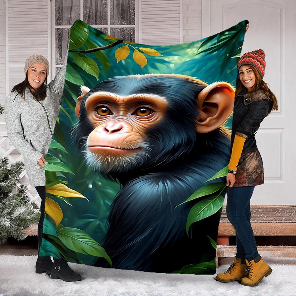 1pc Chimpanzee Print Throw Blanket Polyester Fiber, Lightweight Flannel, Soft & Warm, All Season Use for Outdoor, Camping Digital Print