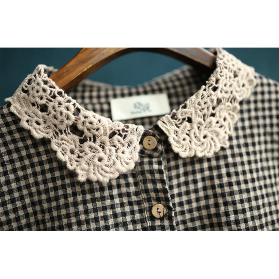 Camicia a Scacchi da Donna Manica Lunga Artistica Retro Casual Larga Plus Pizzo Gancio Fiore Patchwork Cotone Lino