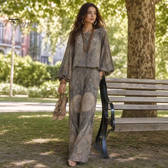 Atmungsaktive Stoffkleidung Boho-Print 2-teilige Sets für Damen, Lässiges Langarm-Oberteil Figurschmeichelndes Outfit für Birnenform, Weite Hosen Passende Sets, Sommer