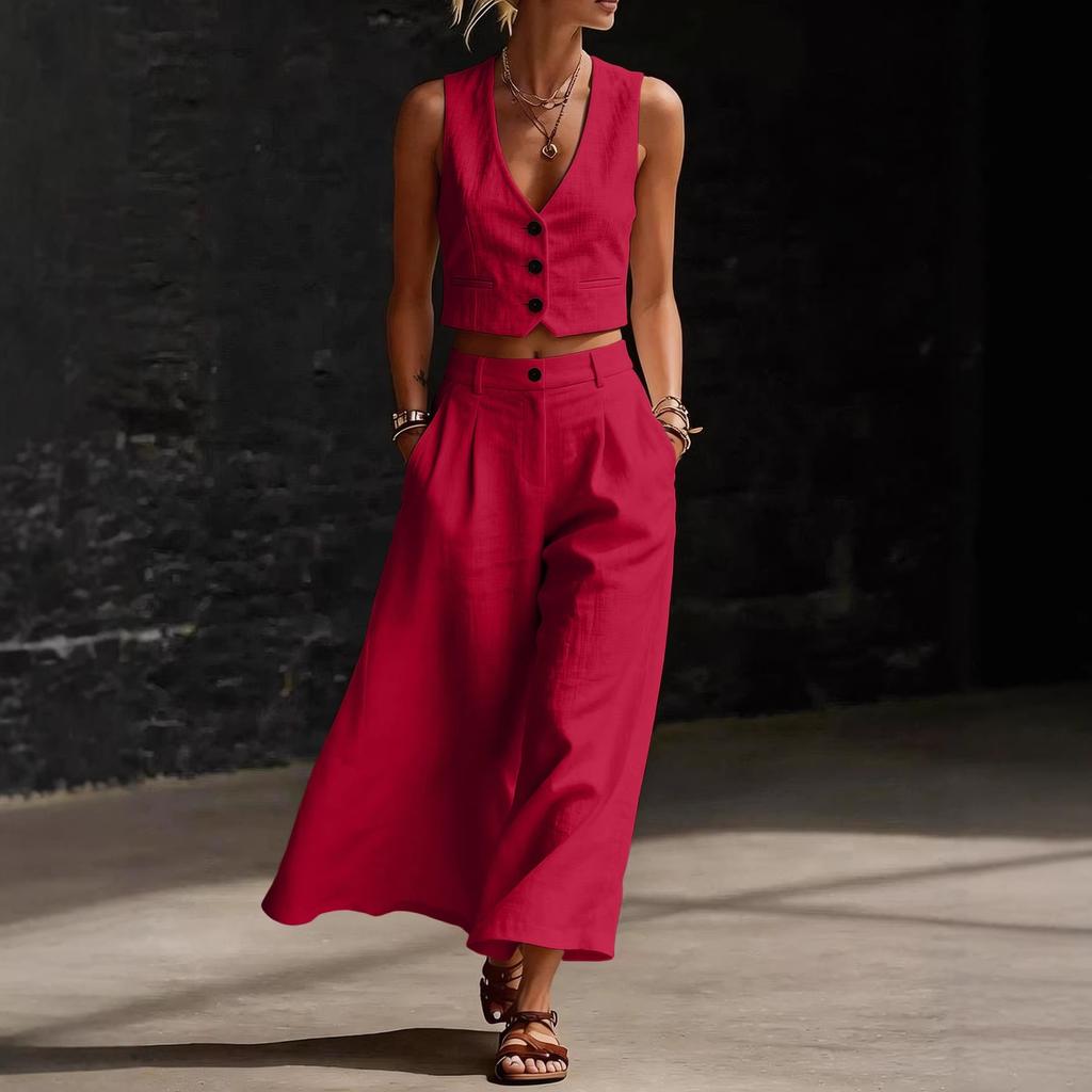 Completo Due Pezzi da Donna Vestibilità Larga Canotta Senza Maniche Scollo a V Pantaloni a Gamba Larga Vita Alta