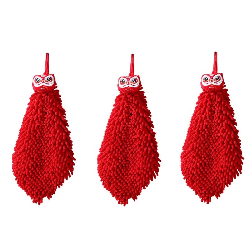 3Pcs Cartoon Red Chenille Hand Towel Hanging Soft Towels for Kitchen Bathroom Quick Dry Handkerchief Home Cleaning Towel