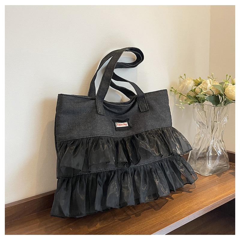 

Denim bag women s large-capacity new summer versatile lace pleated shoulder bag student tote bag чёрный