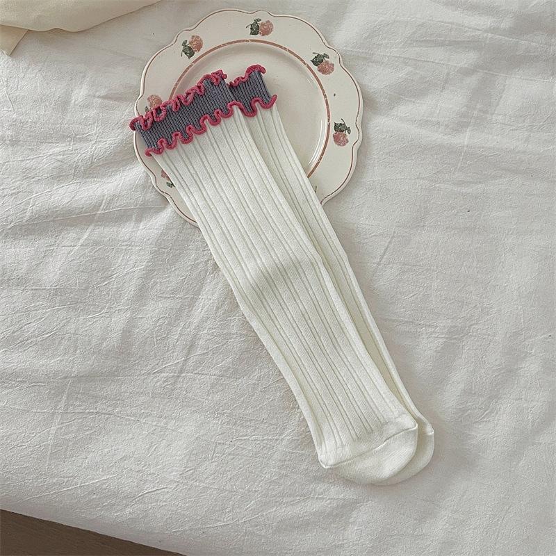 Contrasting Color Fungus Edge Socks Women'S Style Retro Sweet Color Matching Double-Layer Luo Kou Pure Cotton Crimped Medium Tube Socks
