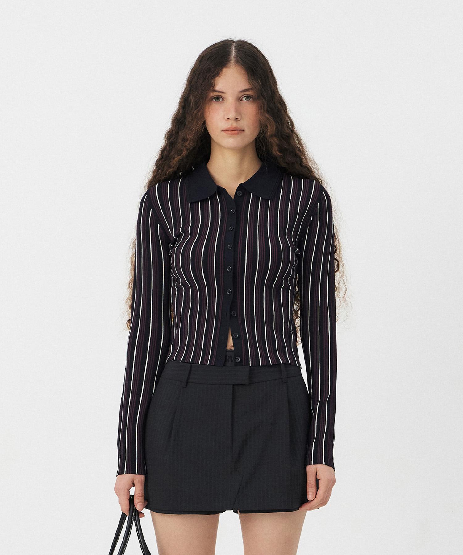 Grove Chard Stripe Button Knit [3Colors] Navy/Free