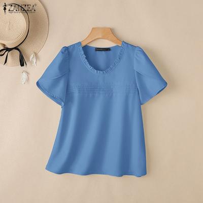 Camicetta estiva casual da donna con scollo rotondo e maniche corte