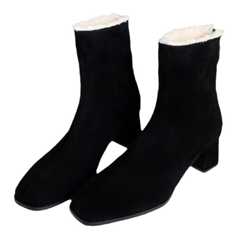 Designer Warm Plush Women Ankle Boots Fashion Square Toe High Heel Shoes Laides Comfort Cottom Shoes