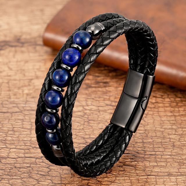 Trendy Multilayer Leather Bracelets Men Jewelry 9 Style Round Stone 8mm Beaded Bracelets For Male Women Valentine Day Gifts