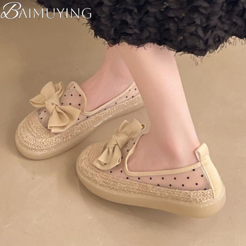 Fashion Bow Flats Loafers Shoes Women Weave Mesh Casual Soft Sole Sandals 2025 Trend Summer Beach Shallow Comfort Sandalias De Mujer