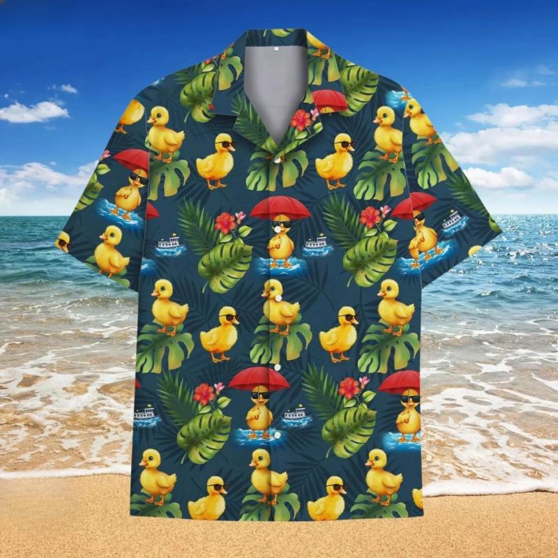 Summer Fun Duck Pattern Hawaiian Men's Shirt - Yellow Duck 3D Print - Casual Buttoned Shirt - Quick-Dry and Breathable