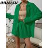 IHUASU Women's Spring and Summer Fashion Solid Colour Long-sleeved Shirt Suit Women Casual Loose Shorts Two-piece Set