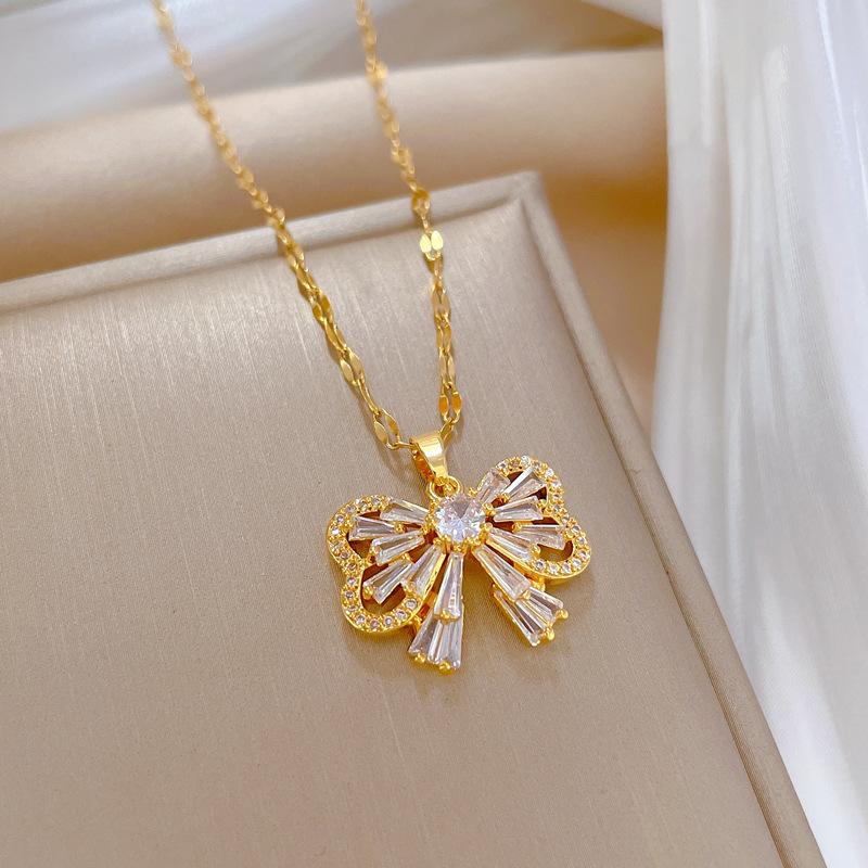 Titanium Steel Full Zirconium Butterfly Light Luxury Banquet Wedding Necklace Women'S Versatile Collarbone Chain Titanium Steel Chain