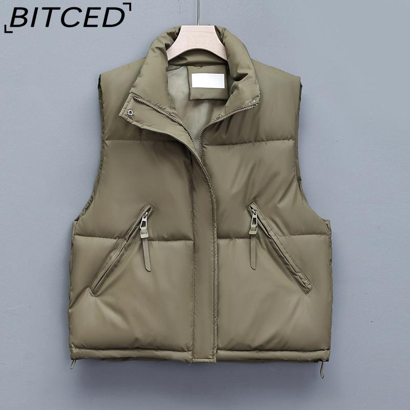 BITCED Women's Elegant Minimalist Style Army Green Stand-Collar Cotton Vest