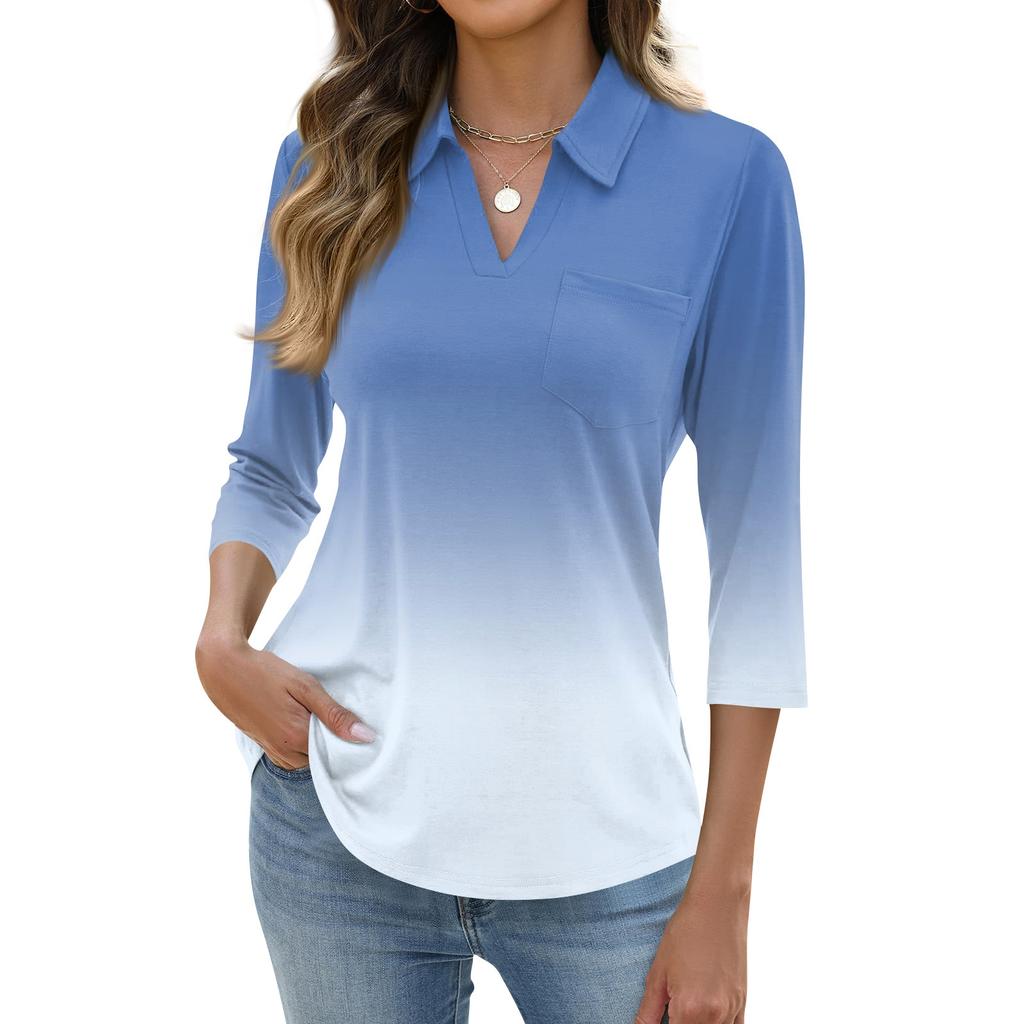 Damen Mode Lässig Revers Kurz 3/4 Ärmel Print Hemd Damen Oberteile